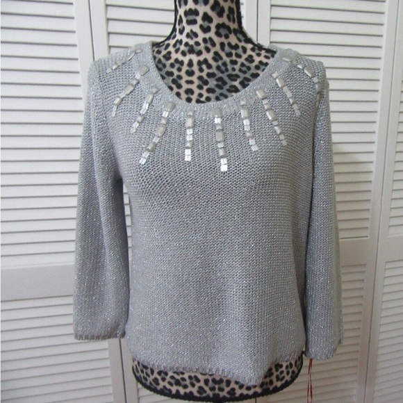 RUBY RD Silver Metallic Sweater Sz XL Sparkle Crochet Knit Beads Sequins EUC - Picture 2 of 6